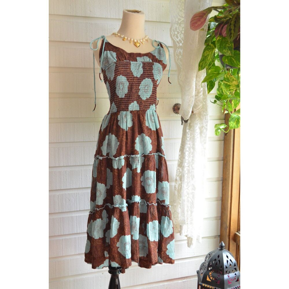 NWT Free People Adriel Midi Dress Nutmeg Combo Smocked Tiered Boho - M